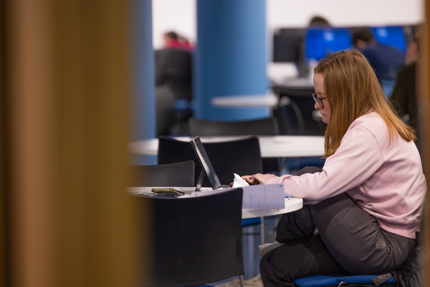 Student studying at desk in the Library at the Gateway, PCs in the background